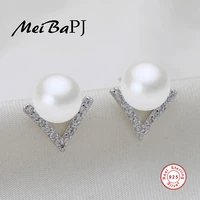 meibapjaaa zircon genuine freshwater pearl triangle earrings 925 sterling silver stud earrings for women promotion item