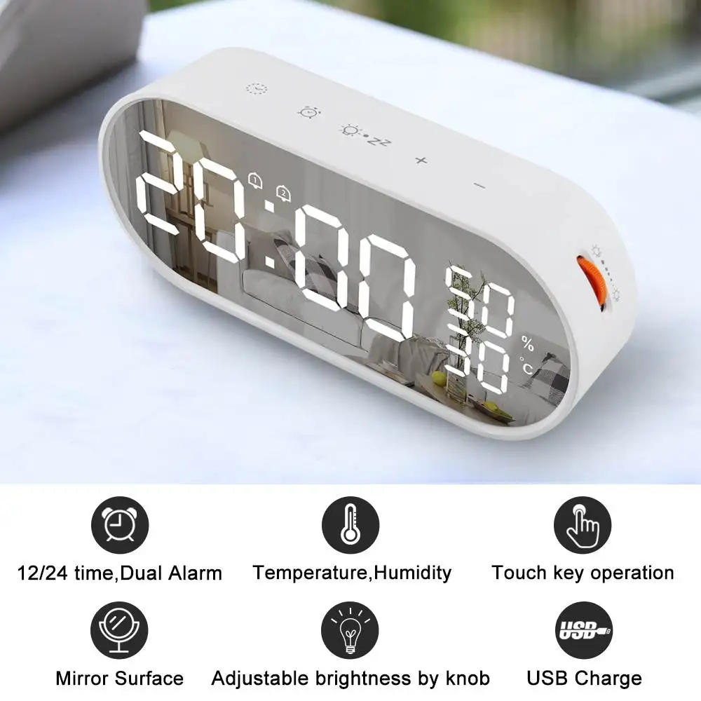 

Temperature Humidity Sensor Digital Mirror Alarm Clock LED Display Touch Control Backlight USB Powered Table Alarm Clock