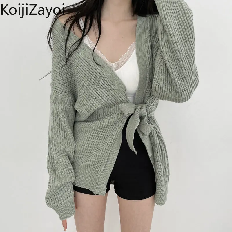 

Koijizayoi Autumn Winter Women Solid Lace Up Cardigan Lady Casual Loose Kardigans Knitted Chic Korean Cardigans Dropshipping