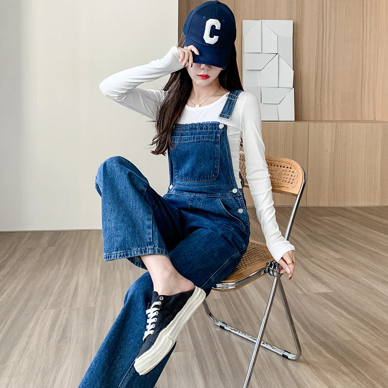 Denim strap pants women's pants versatile for commuting leisure and all-season wear retro blue loose dad pants wide leg pants