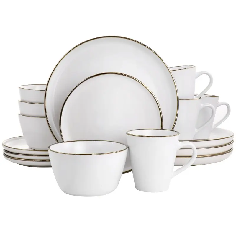 

16 Piece Stoneware Dinnerware Set in Matte White with Gold Rim Dinnerware Set Kitchen Accessories Dining Table Set Plates and Bo