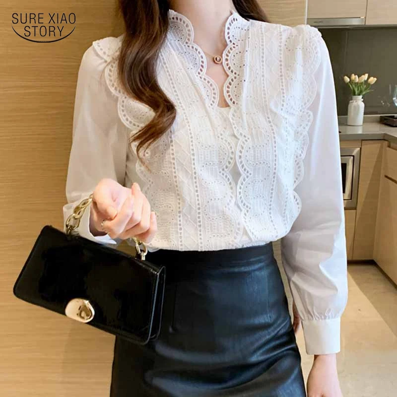 

Блузка женская Свободная с длинным рукавом, V-образным вырезом и цветочным кружевом