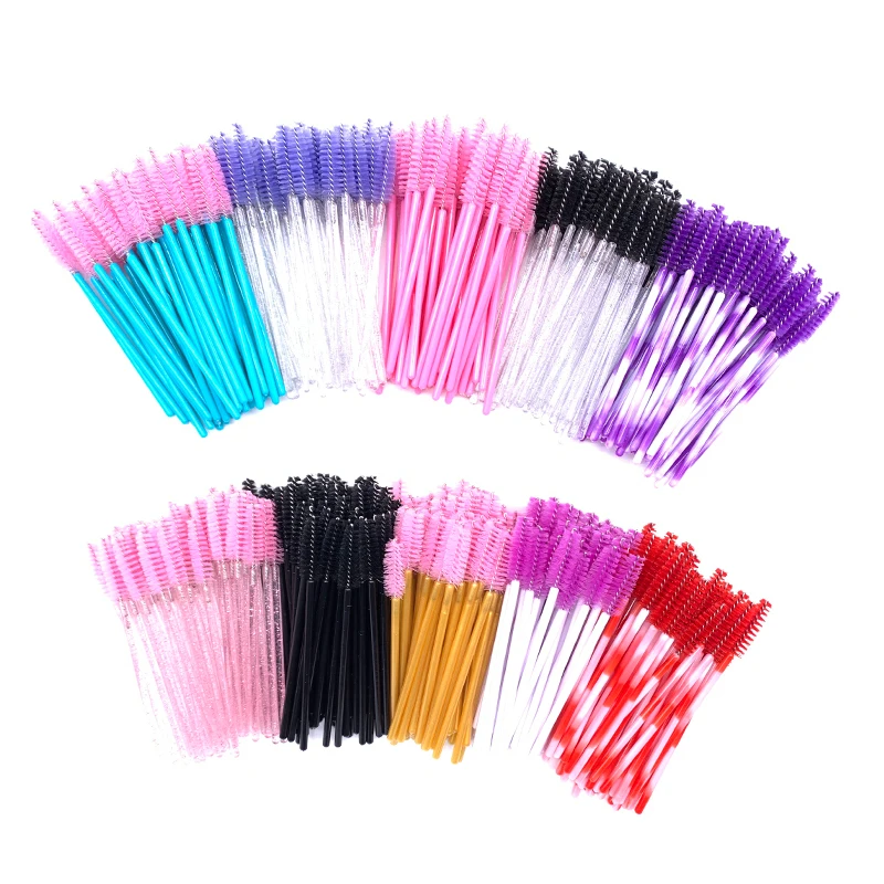 50 Pcs Shiny Crystal Eyelash Applicator Disposable Diamond Handle Nylon Two Colors Mascara Wands Spoolies Pink Brushes