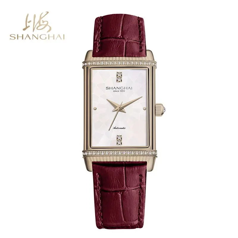 Shanghai Watch Women's Automatic Mechanical Watch Metropolis Square Dial Single Layer Stone Inlaid Official Belt Lady Watch enlarge