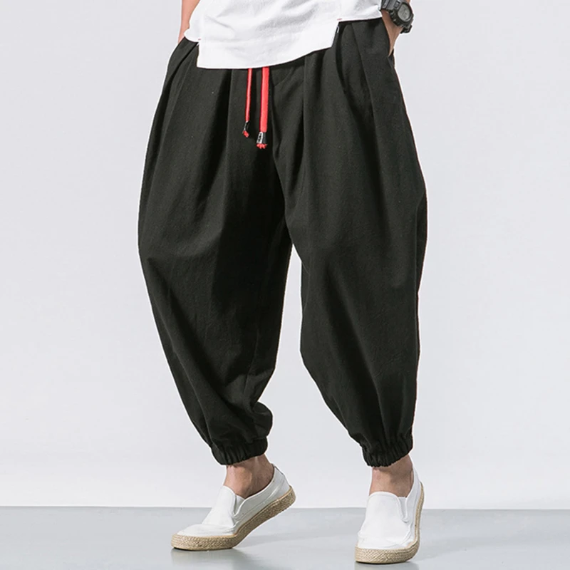 

Man Cotton Linen Wild Leg Pants Casual Loose Calf-Length Pants Man Bloomers Summer Baggy Male Traditional Pants Trousers Joggers