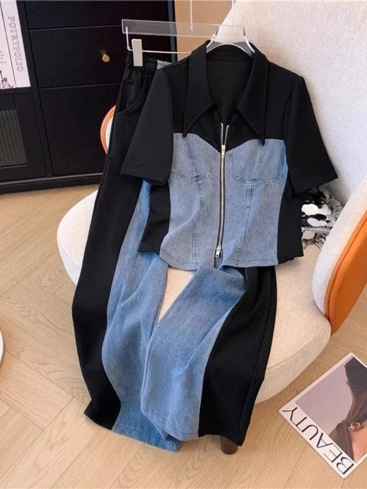 Женский джинсовый костюм с лацканами лоскутный топ воротником на молнии и