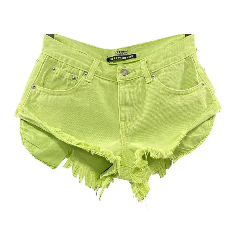 

New Summer Women Fruit Green Denim Shorts Sexy Low-rise A-line Tassel Short Hot Pants Ladies Fashion Personality Pocket Pink