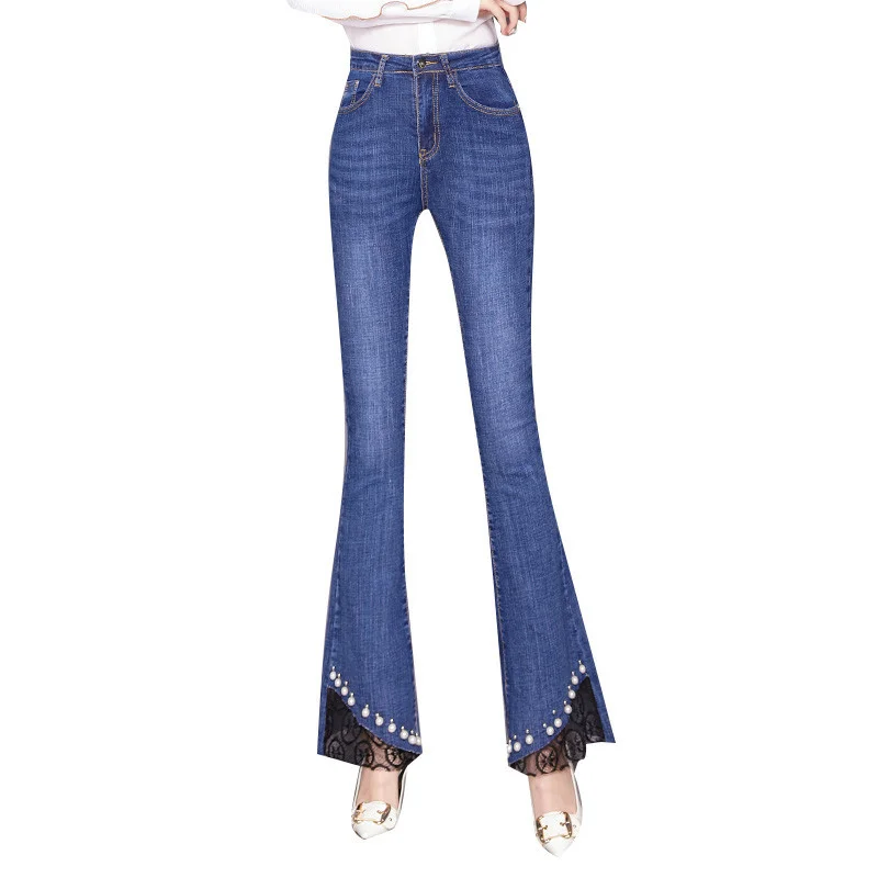 

Женские джинсы-бойфренды, весенние новые эластичные кружевные джинсовые брюки с высокой талией, повседневные облегающие брюки-клеш синего ...