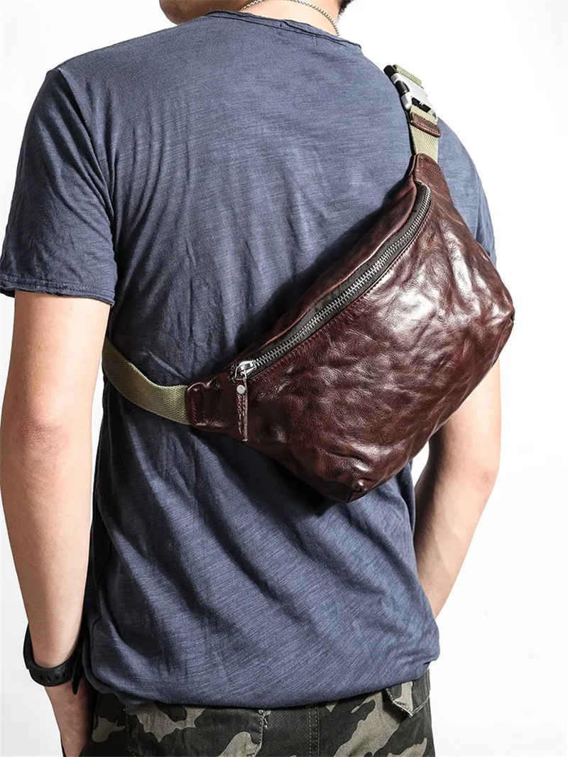 Vintage high quality soft genuine leather men's chest bag fashion casual cowhide waist packs messenger bags teens belt bag