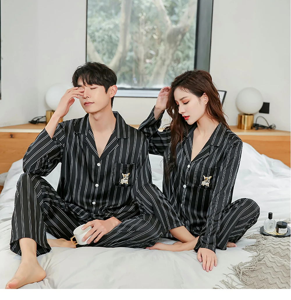 

Women Pajamas Set Luxury Silk Satin Sleepwear Couples Fashion Dog Fox Jacquard Trousers Suit Spring Autumn Casual Thin Pijama