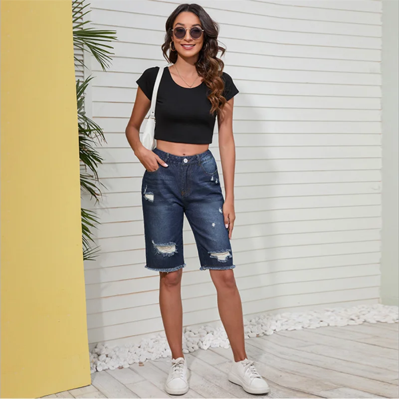 

Sexy Ripped Tassel Stretch Jeans Knee Length Pants Streetwear Women Mid Waist Zip Up Pocket Blue Cotton Skinny Hole Denim Shorts