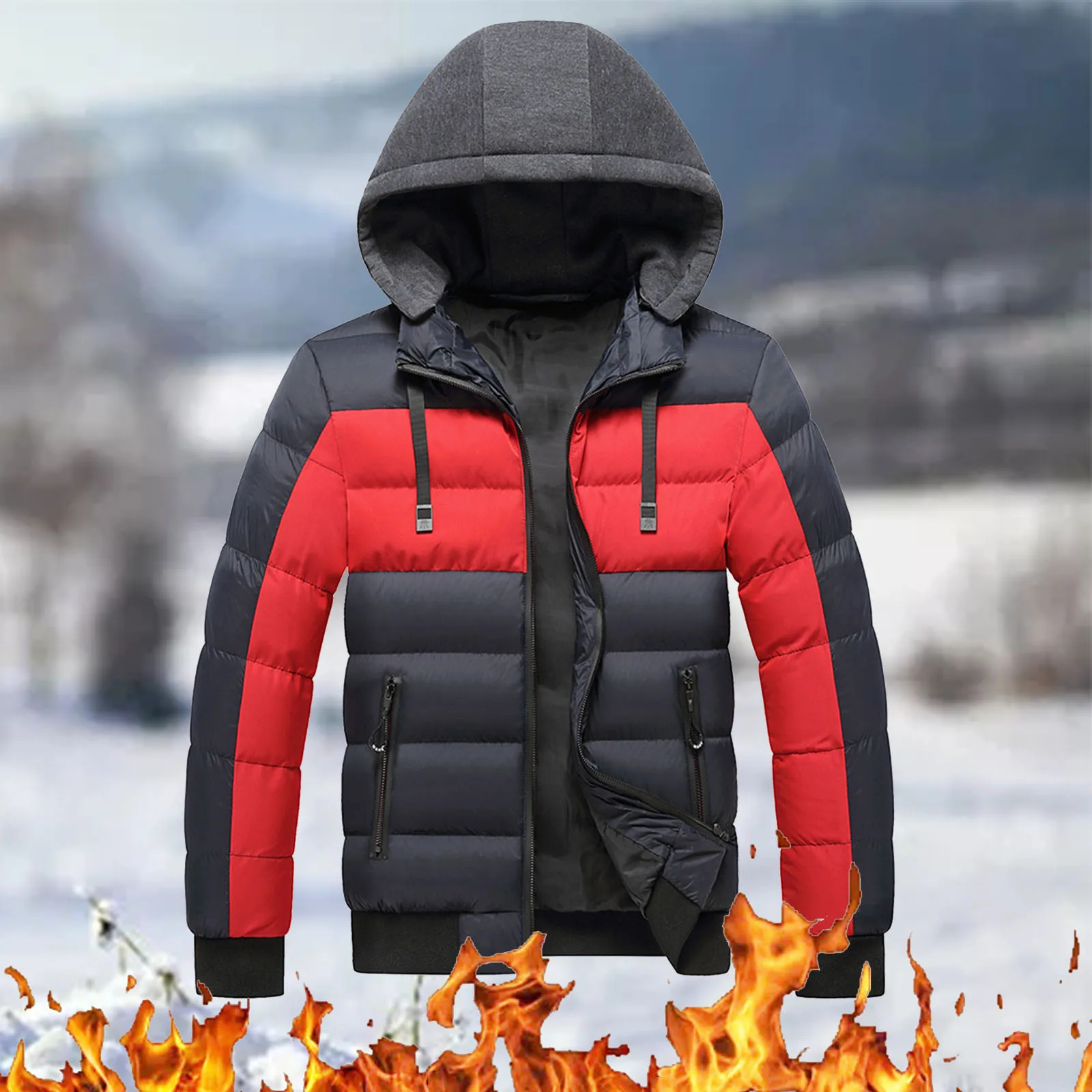 

Men's Color Matching Jacket Drawstring Zipper Long Sleeved Hooded Cotton Outwear