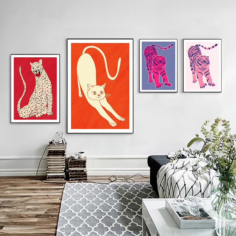 

Nordic Abstract Animal Poster and Print Red Pink Green Tiger Doesnt Lose Sleep Canvas Painting Wall Pictures Bed Room Home Decor