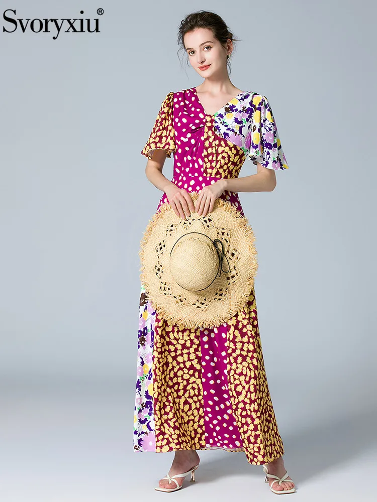 

Svoryxiu 2022 Summer Runway Fashion Casual Vacation Long Dress Women's V-Neck Print Patchwork High Waist Gorgeous Slim Dresses