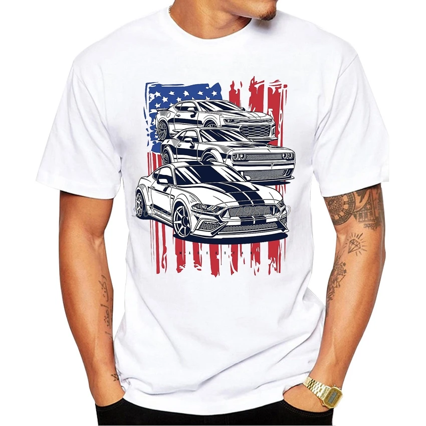 

New Summer Men Short Sleeve American Crew Mustang Camaro Challenger Car Print T-Shirt Boy Casual White Tees Cool Tops
