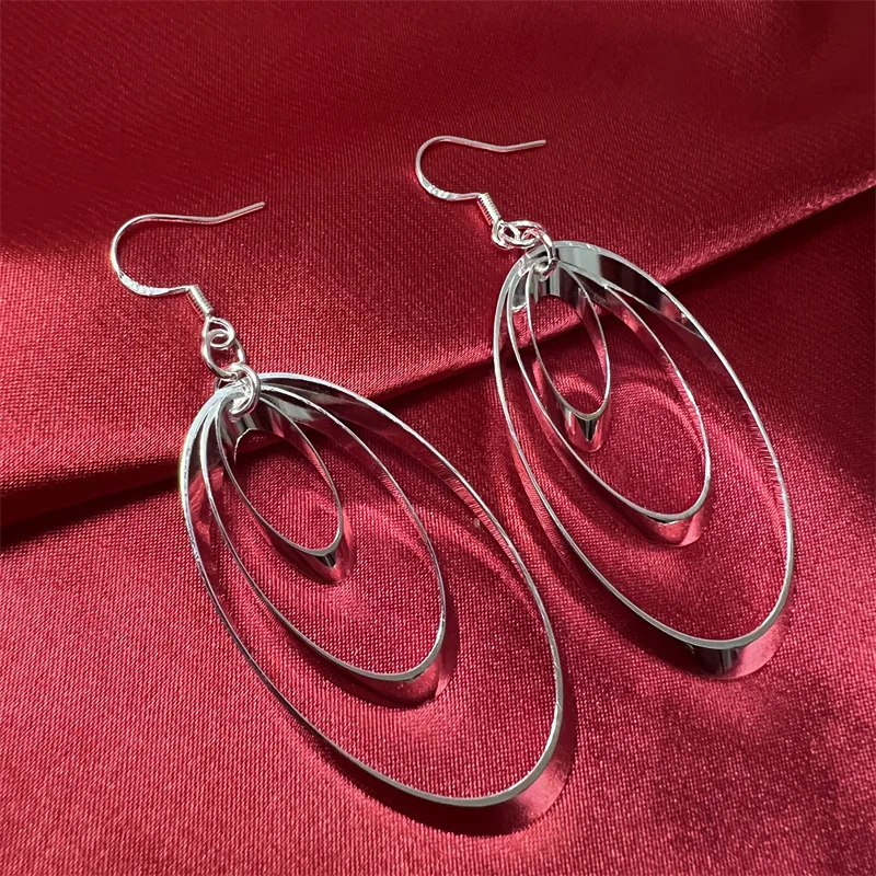 

925 Sterling Silver Three Circle Long Tassel Drop Earrings For Women Engagement Wedding Jewelry Gift