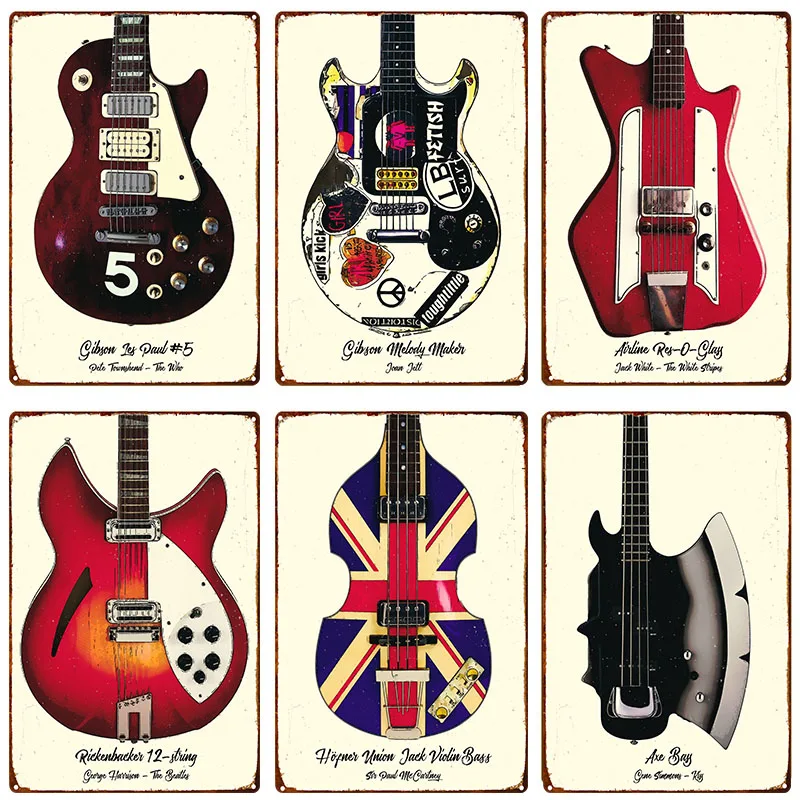 

Знаменитые музыкальные инструменты, металлическая гитара, жестяная вывеска, постер для рок-музыки, Декор для дома, гостиной, клуба, группы, настенное украшение