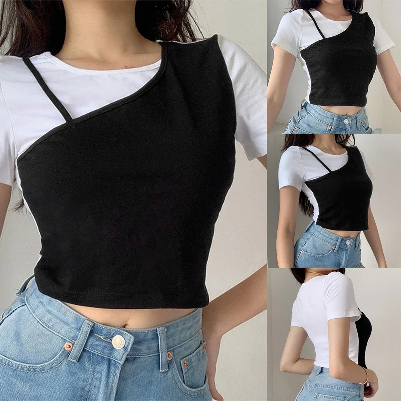 

Женская модная облегающая короткая футболка контрастных цветов с вышивкой из 2 предметов, топы черного цвета