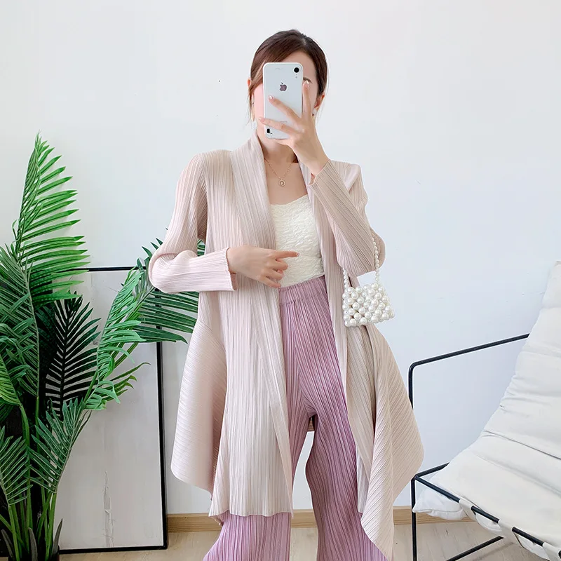 

Женский кардиган, осенняя тонкая ветровка с длинным рукавом, необычная свободная приталенная плиссированная куртка средней длины