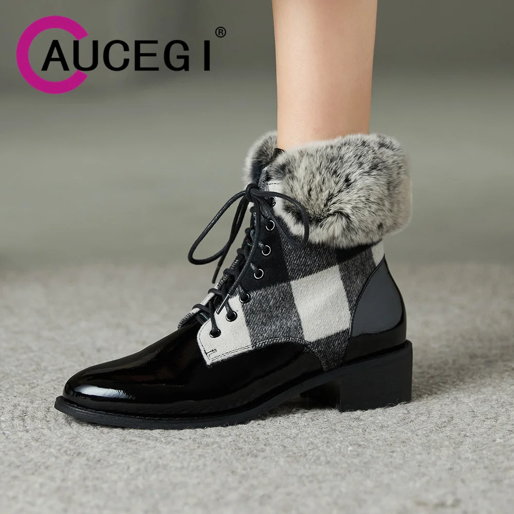 

Aucegi New Arrival Autumn Ankle Boots Cow Leather Splicing Baize Comfortable Thick Heels Round Toe Mixed Colors Lace Up Shoes