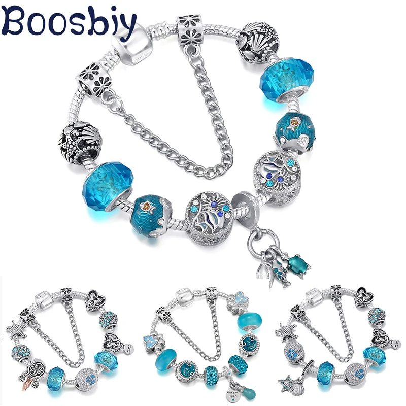

Summer Beach Blue Ocean Fish & Shell & Starfish Beads Charm With Pendant DIY Fashion Bracelet Jewelry Gift Making For Women