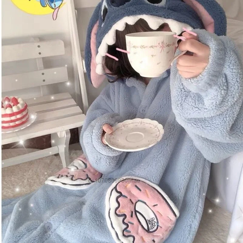 New Stitch Plush Pajama Sets Women Winter Warm Home Thicked Clothing SuitsY2K Girl Disney Cartoon Cute Hooded Nightgown Female