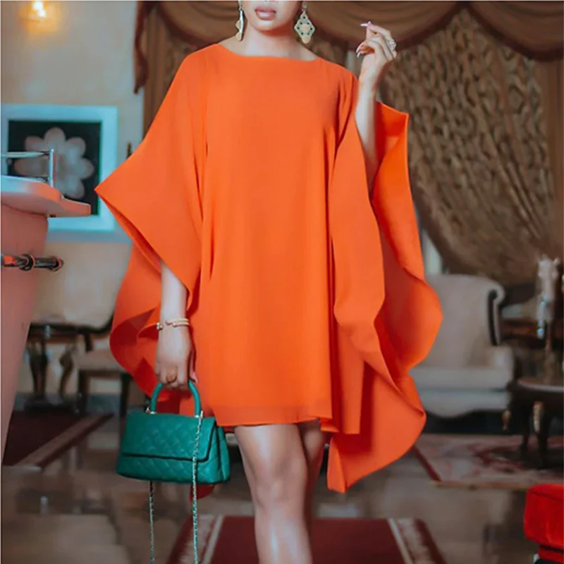 

Fastfashiongo Female Elegant Party Evening Dress Summer Solid Color Vogue Half Batwing Sleeves Round-neck Mini Dresses for Women