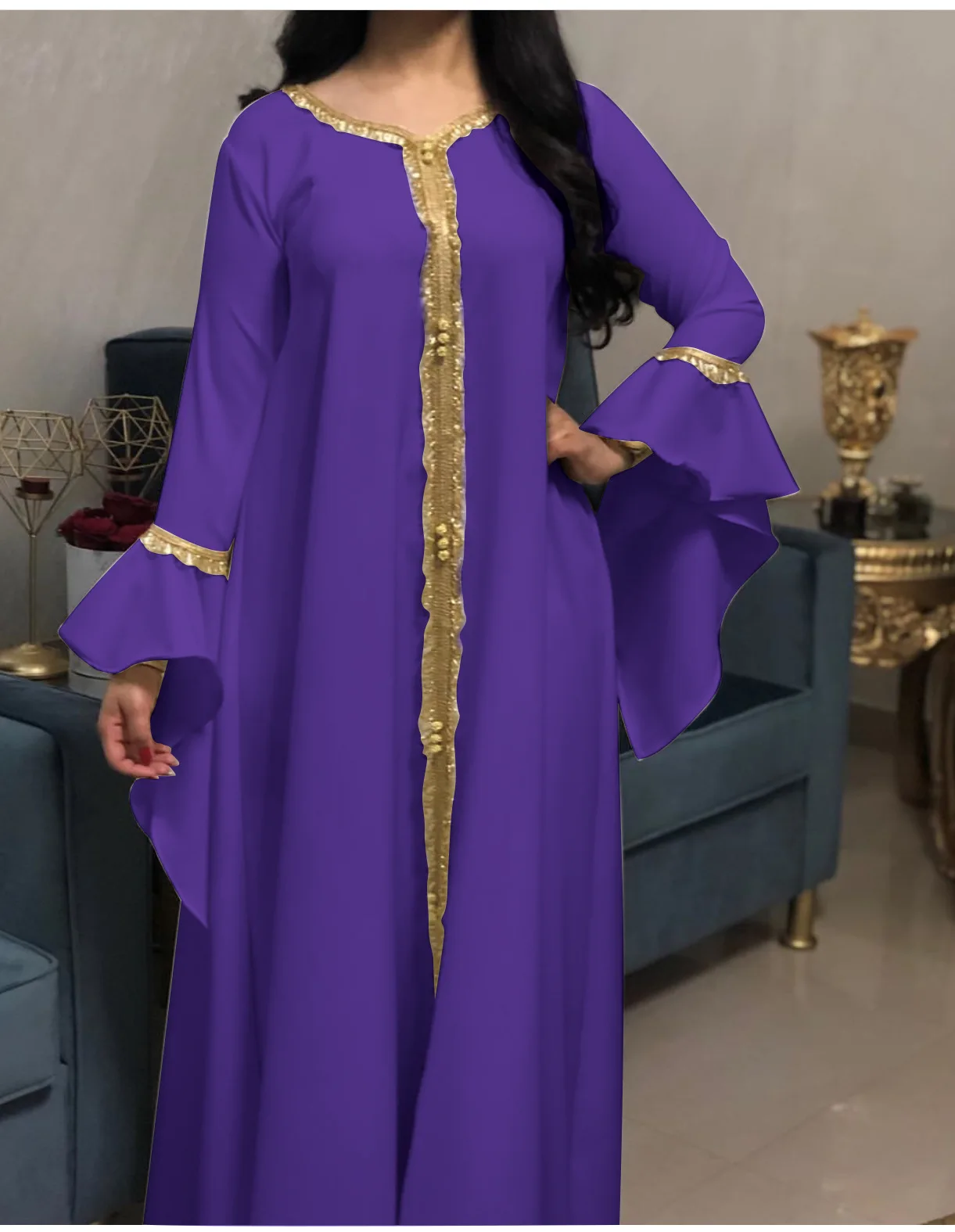 Elegant style style long dress 2023 new ruffle sleeve embroidered gold lace dress jalabiya Muslim woman