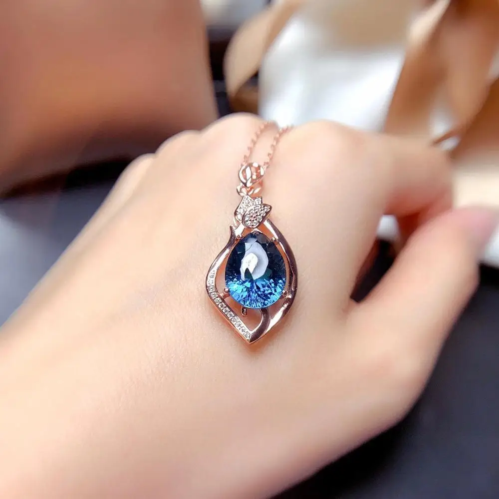 

MeiBaPJ London Blue Big Topaz Gemstone Water Drop Pendant Necklace 925 Pure Silver Fine Jewelry for Women