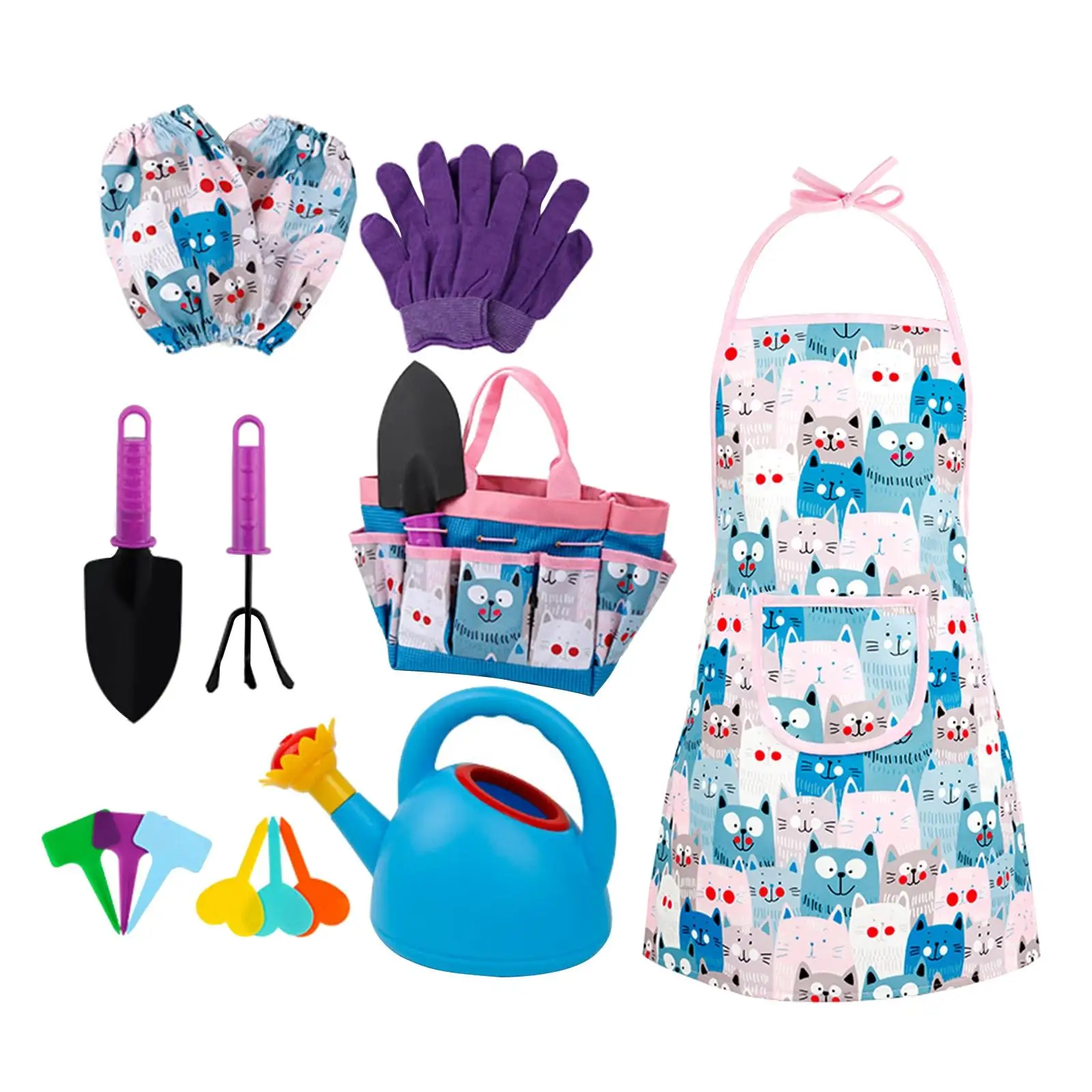 

Набор детских садовых инструментов, перчатки для малышей, 2 заостренных лопаты, фартук с рисунком кошки, Детские грабли, игрушки на открытом ...