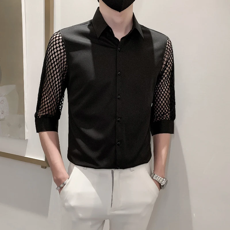 

Men Shirt 2023 Hollow Lace Patchwork Short Sleeve Shirt Men Streetwear Mens Shirts Casual Slim Fit Night Club Dress Tuxedo