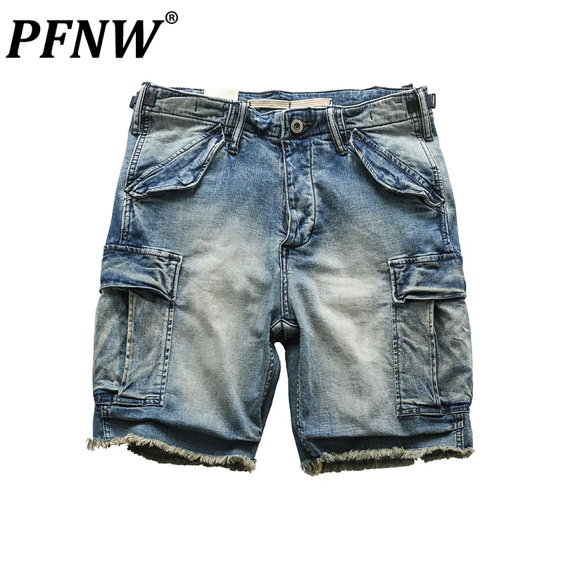 

PFNW Spring Summer New Men's Vintage Tide Mid Waist Multi Pocket Denim Shorts Loose Straight Fashion Cotton Button Jeans 12A7645