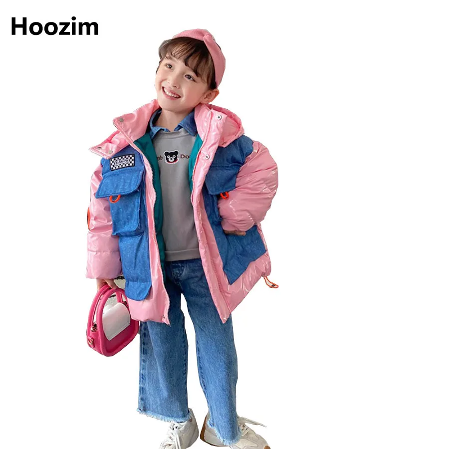 Winter White Duck Down Jacket For Girls 4 To 11 Years Fashion Front Denim Pocket Hooded Outerwear Child Boys Letter Coat Black