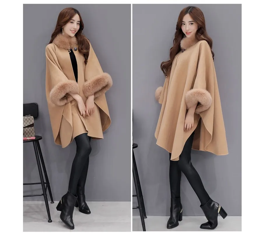 

Ponchos And Capes Women 2023 Christmas Fashion Flare Sleeve Faux Fox Fur Collar Winter Wool Cloak Cape Coat Poncho Long Overcoat