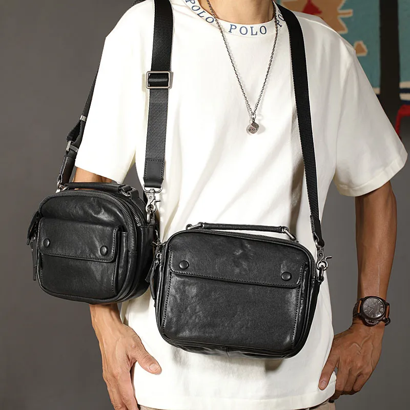 PNDME casual luxury genuine leather men's black messenger bag high quality natural real cowhide outdoor daily shoulder bag