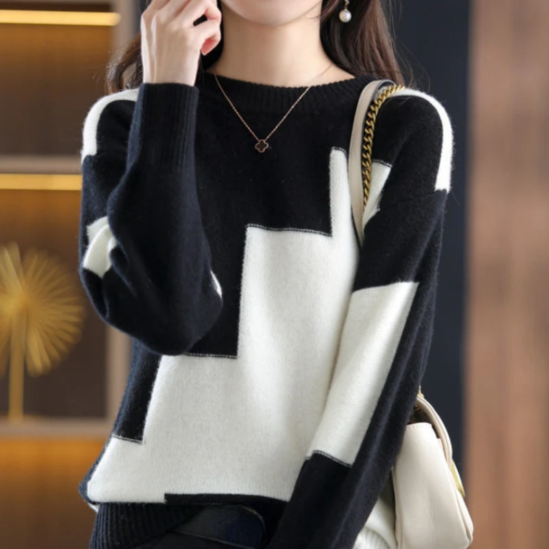 

HeeneBerry Contrast Splicing Sweater Korean New Fashion Elegant Round Neck Casual Sweater for Female
