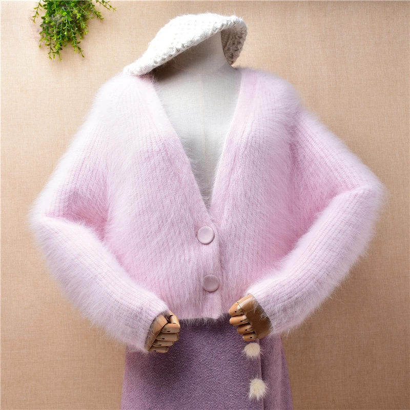 

04 Ladies Women Fall Winter Clothing Pink Hairy Mink Cashmere Knitted V-Neck Cropped Loose Cardigans Angora Fur Jacket Sweater