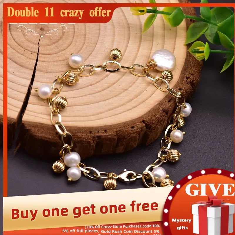 

GLSEEVO Fresh Water Pearl Small Metal Ball Adjustable Charm Bracelets For Wedding Girl Women's Fine Boho Jewelry Handmade GB0221