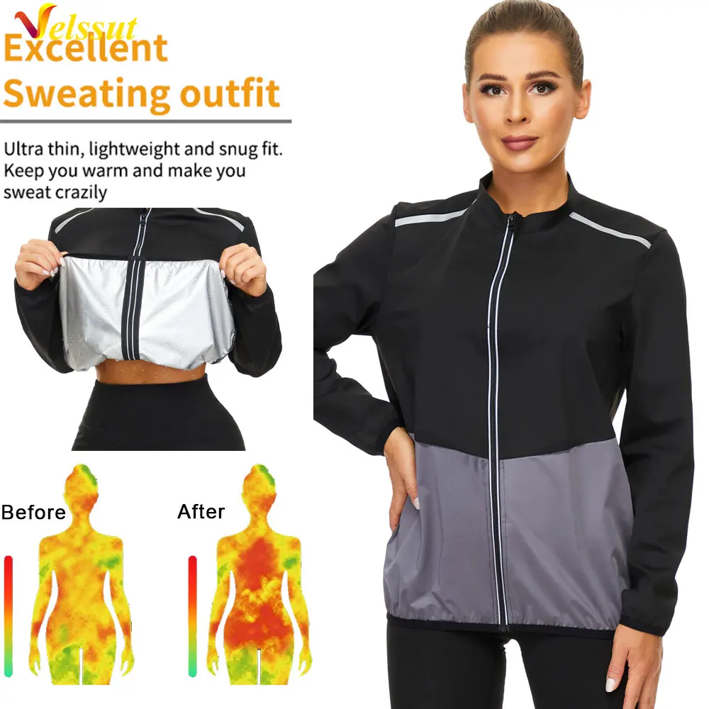 Velssut Sauna Jacket for Women Weight Loss Long Sleeve Workout Top Hot Sweat Sportwear Fitness Body Shaper Slimming Fat Burning