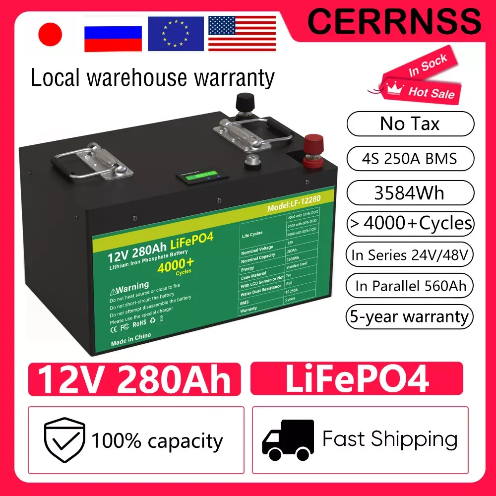 

12V 280AH LiFePO4 Battery Pack Grand A Cells Lithium Iron Phosphate Solar Batteries 4S 250A BMS For RV Boat TAX FREE LiFePO4 12V