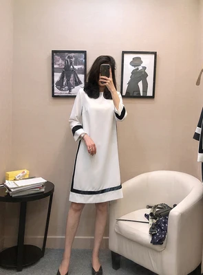 

Women's new spring nd summer dress with contrsting color stripes three-qurter sleeves loose -line skirt ll-mtch thin