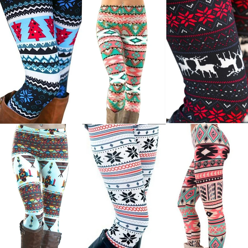 Christmas Print Leggings Women Slim Fit Elastic Pants Elk Snowflakes Striped Harajuke Leggings Female Flowers Pants Xmas Gifts