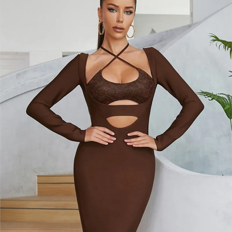 

Bandage Dress for Women Sexy Long Sleeve Hanging Neck Brown Hollow Lace Bodycon and Knee Elegant Birthday Party Night Vestidos