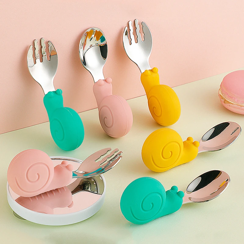 

Whale Snail Hippo Silicone Baby Spoon and Fork Infant 316 Stainless Steel Utensil Set Tableware Baby Learn To Eat Food Feeding