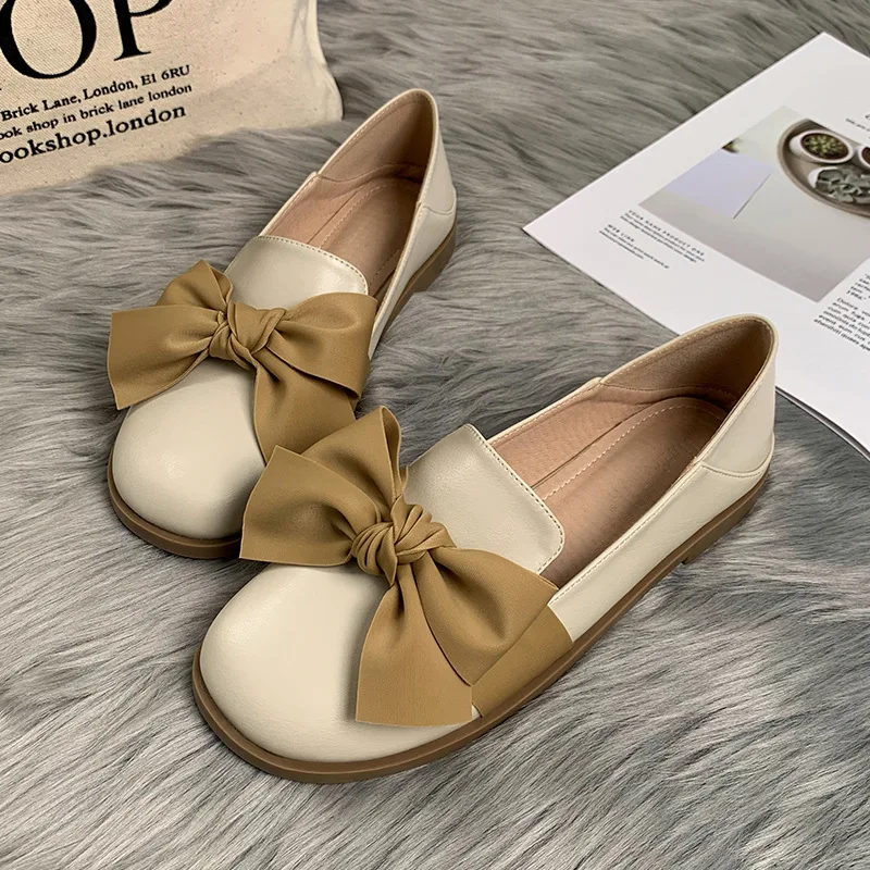Mr Co Fashion Women Loafers Spring Autumn Slip On Round Toe Flat Single Shoes Ladies British Style Bowknot Leather Casual Shoes