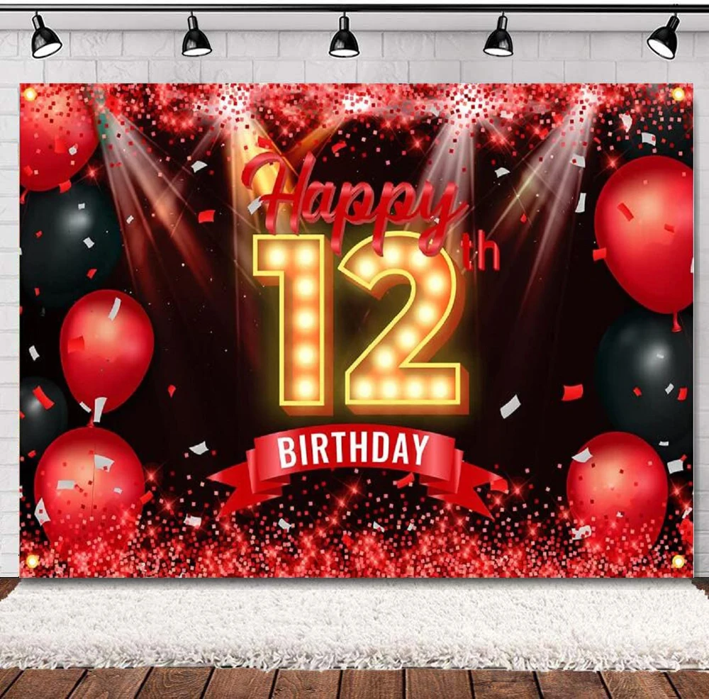 

Photography Backdrop Red And Black Balloon 12 Years Old 12th Birthday Party Banner Background Decor Girls Boys Glitter Poster