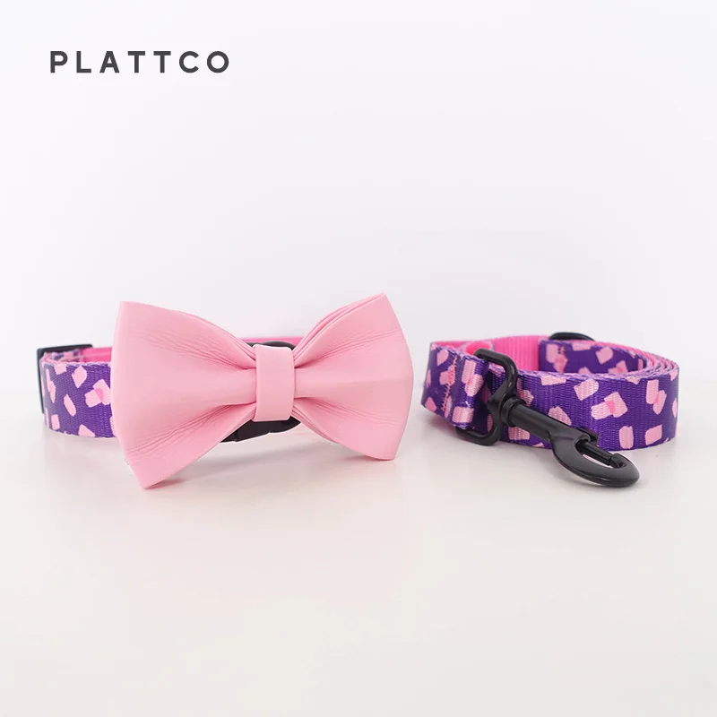 

PLATTCO adjustable personalized PINK MARSHMALLOW dog supplies pet product unisex medium bow tie collar leash set 5 sizes PDC318