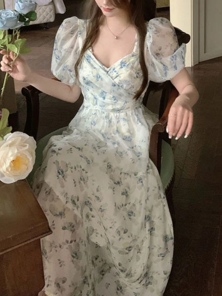 Woherb 2024 корейское Цветочное платье женские элегантные платья с V-образным вырезом