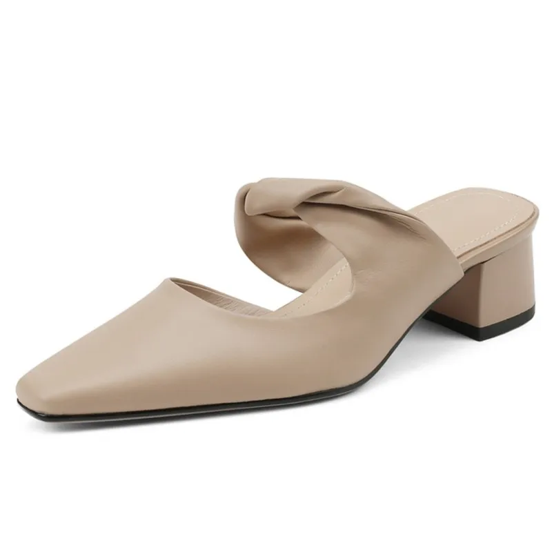 

Dilalula Women Sandals Square Toe Mules Summer Concise Genuine Leather Fashion Pumps Casual Thick Heels Slippers Shoes Woman New