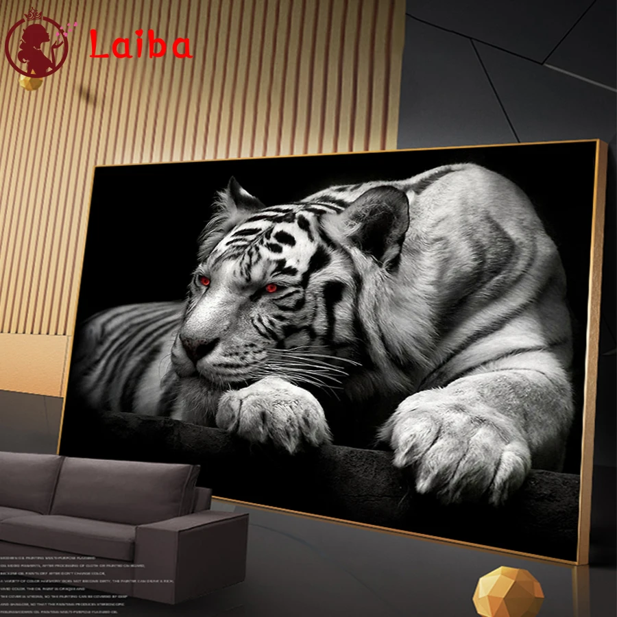 

5D Diamond Embroidery black and white animal tiger red eyes Diamond Painting Full Square Mosaic Cross Stitch Handmade Gift
